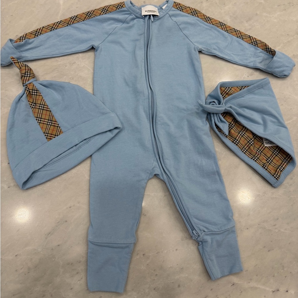 Burberry Blue One Piece Set with Plaid Accents